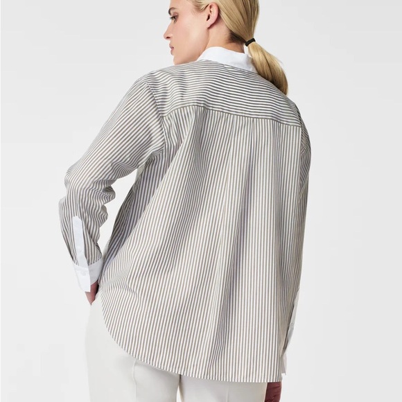 Spanx Poplin Oversized Button Down in Matcha Stripe - Picture 2 of 8